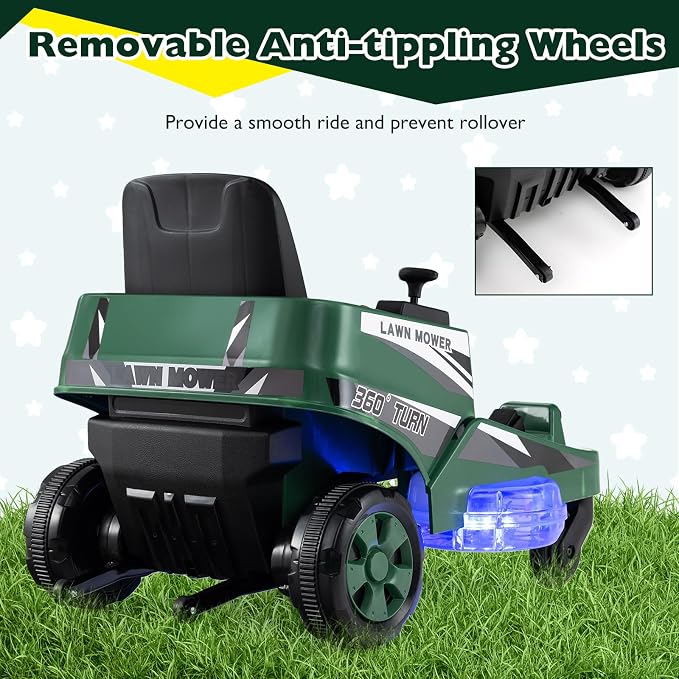Costzon Ride on Lawn Mower for Kids, 12V Toddler Electric Car with 360° Twist and Turn, Dual Control Sticks, LED Lights, Outdoor Ride on Toy Gift for Boys & Girls Aged 3-8 (Dark Green)