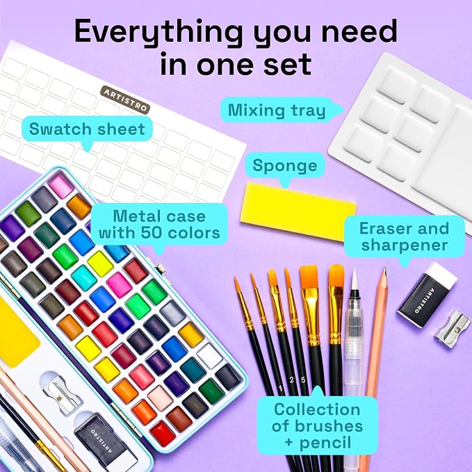 ARTISTRO 50 Color Watercolor Paint Set - Portable Paint Art Kit with Palette and Brush Pens - Travel Water Color Set for Adults, Professionals, Kids - Art and Painting Supplies - Gift Idea