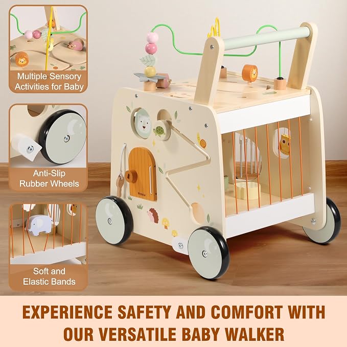 Pithfor Wooden Activity Cube Push Walker, Wooden Baby Walker, Montessori Push Toys for Babies Learning to Walk & Sit-to-Stand