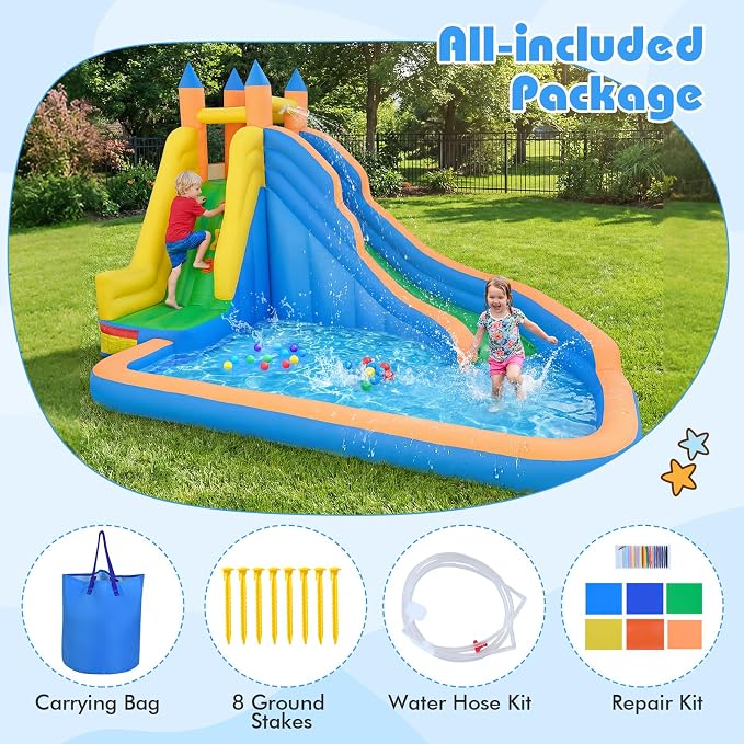 Costzon Inflatable Water Slide, Giant Bouncy Water Park Jump Castle Waterslide for Kids Backyard Outdoor Fun with Climbing Wall, Splash Pool, Blow up Water Slides Inflatables for Kids Party Gifts