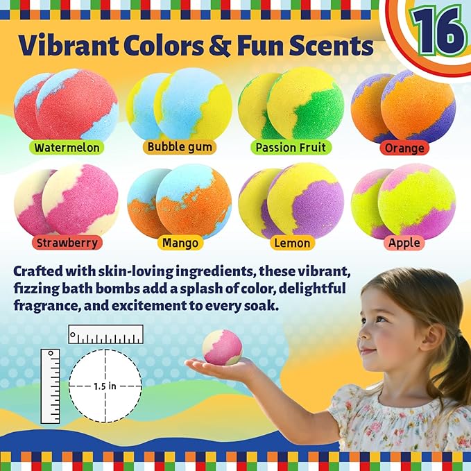 Zippytots Kids Bath Bombs with Food Toys Inside, 16 Pack Colorful Surprise Bath Fizzies Set, Organic Fizzy Bubble Bath Bombs for Girls & Boys, Ages 3+