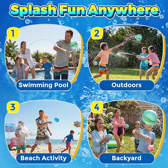 24 Pcs Reusable Water Balloons, Self-Sealing Refillable Water Balls, Pool Toys for Kids Ages 4-14, Pool Beach & Outdoor Water Ballons