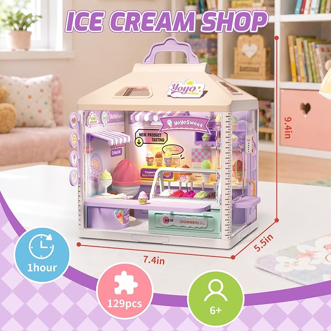 MINDNOOK DIY Miniature House Kit, LED Light-Up Dollhouse, Mini Dollhouse Building Set with Furniture, Craft Hobby Gift for Adults, Teens & Kids Ages 6+ (Ice Cream Shop)