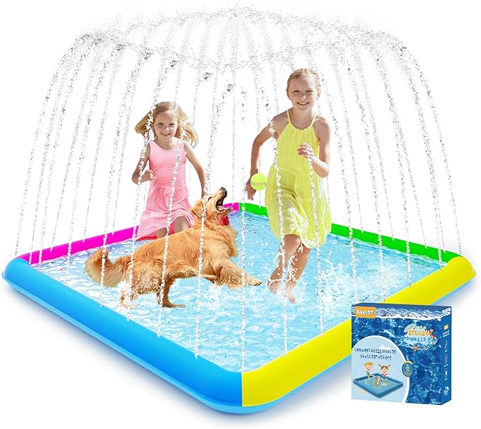Raxurt Splash Pad, 97"- 72" Non-Slip Splash Pad for Kids and Dogs, Thickened Durable Square Dog Pool with Sprinkler Summer Outdoor Water Toys for Toddler Girls Boys Children Pet