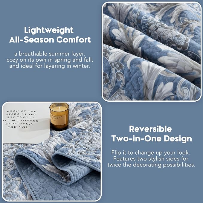 Queen Size Quilt Set - Dusty Blue and Gray Quilt Set Queen, 100% Cotton Floral Bedspread Set 3 Piece, Classic Damask Bedspread, Reversible Lightweight Quilt Bedding Set