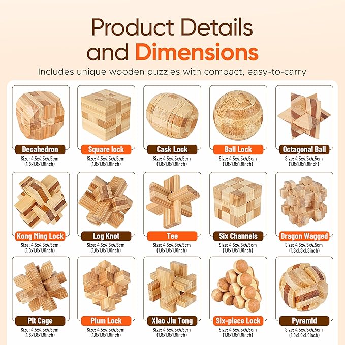 Wooden Brain Teaser Puzzles, 9pcs 3D Brain Teasers for Adults Teens Kids, Logic Mind Puzzle Box Lock Toy Removing Assembling 3D Small Puzzle Gift Set, Small 3D Unique IQ Hand Puzzles
