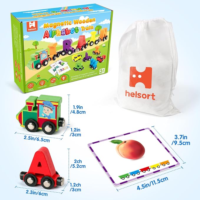 Helsort 27 PCS Magnetic Wooden Alphabet Train Set, ABC Learning Toy with 42 Flash Cards, 1 Engine and Storage Bag, Educational Letter Toy Trains for Toddlers, Boys Girls, Ideal Gift for 3-7 Year Olds