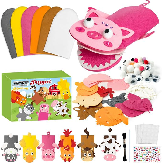 WATINC 6Pcs Hand Puppet Making Kit, Art Craft Felt Sock Puppet Toys, Creative DIY Make Your Own Pompoms Wiggle Googly Eyes Storytelling Role Play Party Supplies Gift for Girls Boys (Farm Animals A)