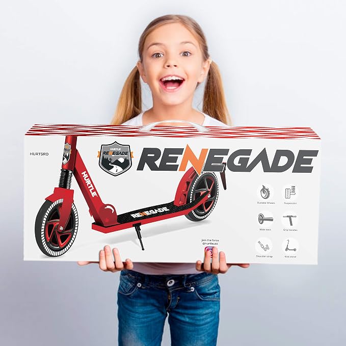 Compact Kick Scooter for Teens - Folding Stand Kick Scooters w/Adjustable Height, Alloy Anti-Slip Deck, 8” Wheels, Mud Guard Front Wheel, for Kids, Boys/Girls 8+-Year-Old - Hurtle HURTSBU (Red)
