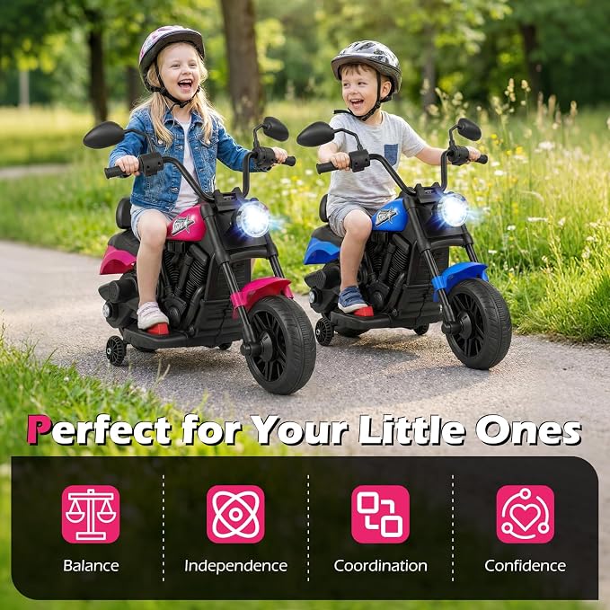 Costzon Kids Motorcycle, 6V Chopper Motorbike Ride on Toy with Headlight, Music, Training Wheels, Electric Toddler Motorcycle for Kids Boys Girls, Gift (Pink, 31" x 23" x 22"(L x W x H))