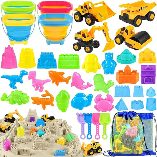 FHOZGECY Beach Sand Toys, 4 Construction Vehicles, 4 Collapsible Buckets, Sand Castle Molds with Travel Mesh Bags, Sandbox Play Set for Kids Ages 3-12, Multi‑Scene Play for Outdoor Summer Beach Games