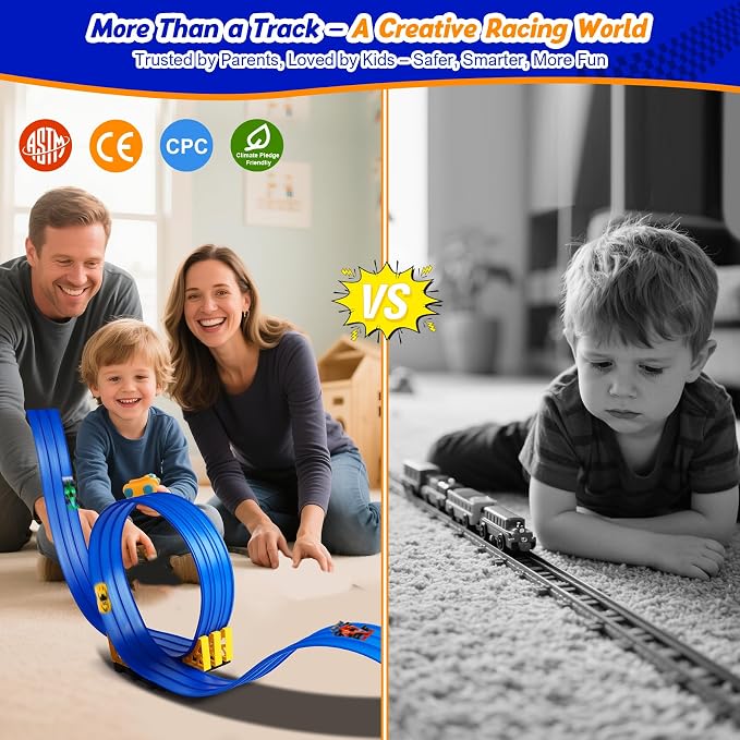 3-Lane Flexible Race Track for Kids: 15ft DIY Bendable Ramp with Suction Cups – Portable Roll-Up Car Track for Kids Compatible with 1:64 Diecast Cars – Easter Birthday Gift for Boys Girls Ages 3+