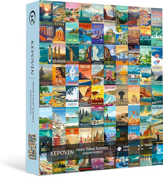 Puzzles for Adults 1000 Pieces Vintage World Travel, Jigsaw Puzzles Landscape Poster Puzzle Landmarks, 1000 Piece Scenic Jigsaw Puzzles for Adults 90 Scenics World Scenery