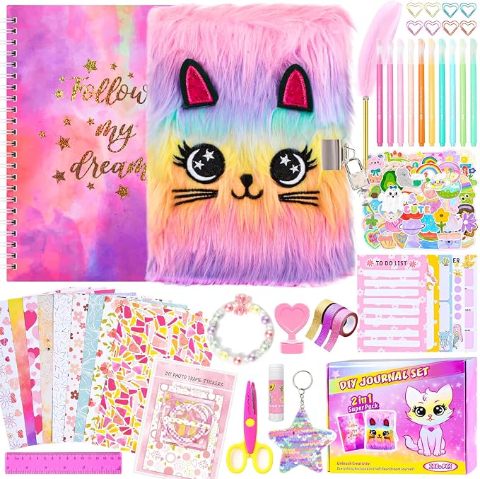 2-Pack DIY Journal Kit for Girls Ages 8-12 13 14 Year Olds, Birthday Gifts for Teen Girls, 110pcs Cute Scrapbook Supplies Stationary, Journaling Art Crafts Trendy Stuff for Kids, Cat Diary with Lock