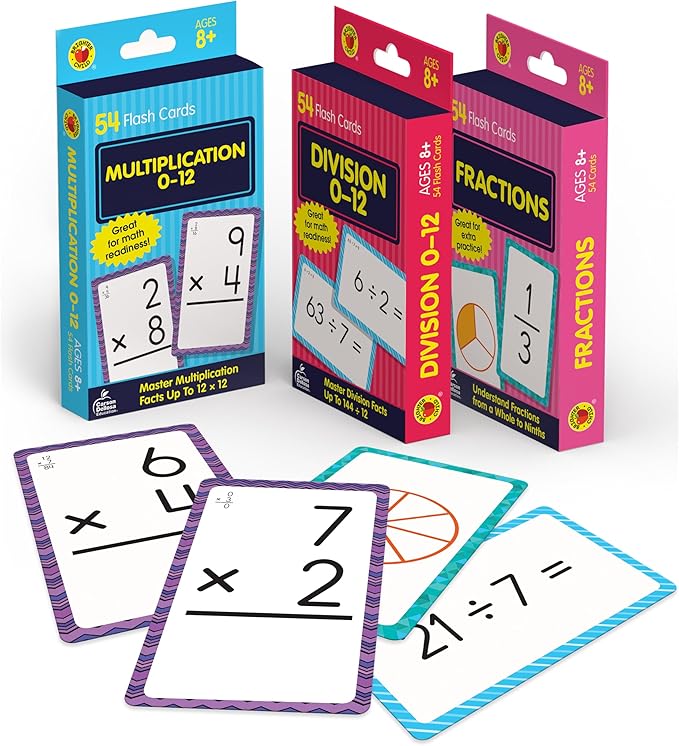 Carson Dellosa Division, Fractions, and Multiplication Flash Cards, 3 Sets of Flashcards, Math Games for Kids 8-12, 3rd Grade Mathematics Practice and Up