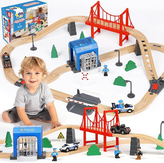 TOY Life Wooden Train Set for Toddlers 2-4, 56PCS Police Station Train Toys with Wooden Train Track Set, Magnetic Police Car Set, Toys for 3 4 5 6 Year Old Boys Kids, Compatible with Major Brand