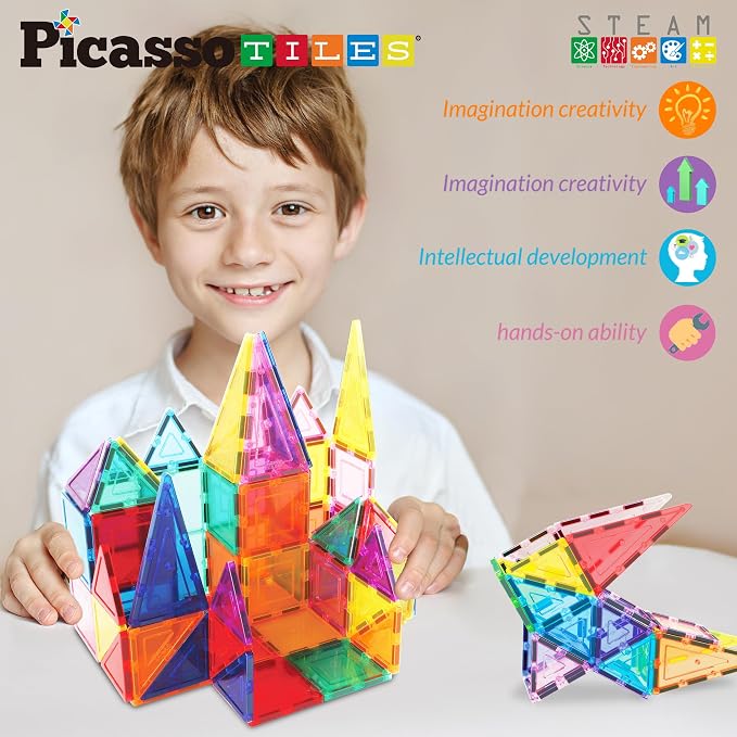 PicassoTiles Magnet Tile Building Block Set Magnetic Construction Square Triangle Tiles Toy Kit Sparking Creativity Geometric Shapes STEM Educational Learning Brain Development Kids Ages 3+ PB24