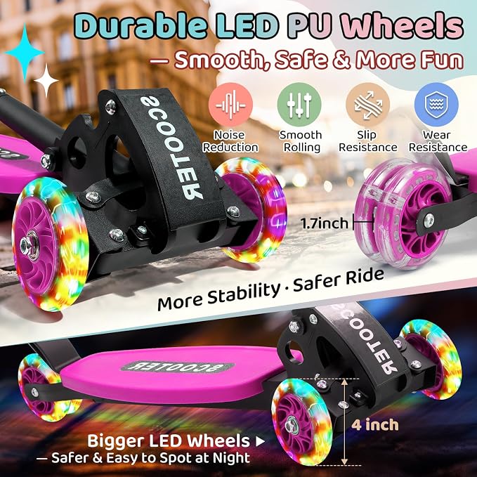 Kick Scooters for Kids 5-7 8-12,Lean to Steer,Three Wheeled Light Up,28"-32" Adjustable Handlebar,Widen Anti-Slip Deck,Floor Push Scooter for Boys Girls Ages 6-12 3-4 Old,Foldable for Travel