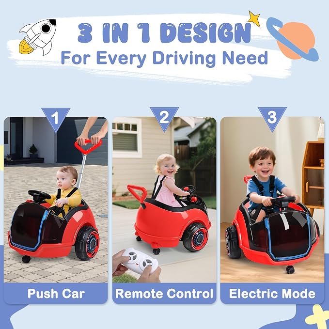 ANPABO 3-in-1 Electric Push Ride On Car, 12V Kids Ride On Toy w/Remote Control, 360° Spin, 5-Point Safety Belt, Colorful LED Light, Music Player, Push Car for Toddler Ages 1-3 (Red)