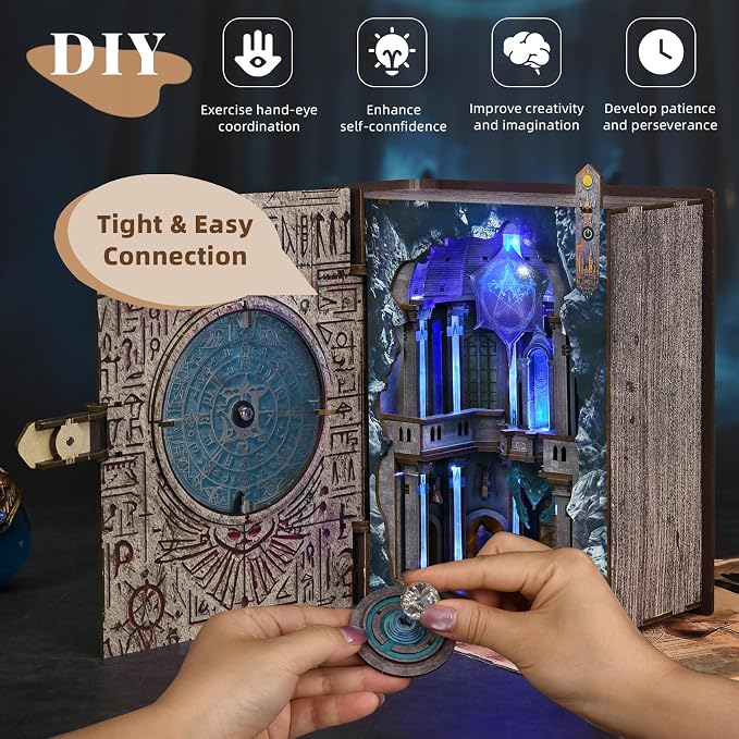 CCCDF Circle of Magic Book Nook Kit, Openable Magic Book Shaped Miniature Dollhouse, Closed Book Style Bookshelf Insert Decor with LED Light, DIY Wizard Themed Craft Gift for Teens and Adults
