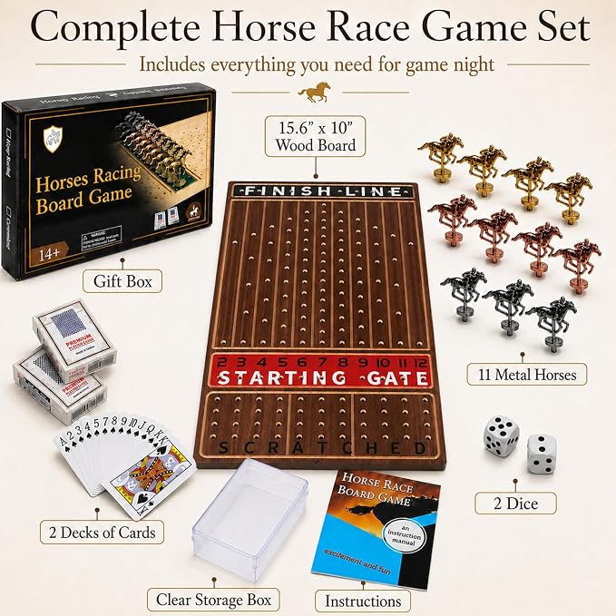 Jyquorp Horse Race Board Game Wooden Kentucky Derby Party Game Set with 11 Metal Horses, 2 Dice & 2 Card Decks, Large Solid Wood Horse Racing Board Game for Family & Adults (15.6" x 10")