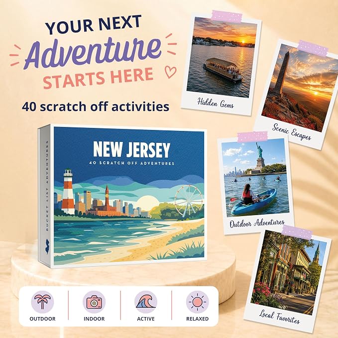 New Jersey Bucket List Scratch Off Cards - 40 Adventure Cards with Region Split Map, Hidden Gems, Scenic Escapes & Local Favorites - Travel Gift for Couples, Families, Friends & Tourists