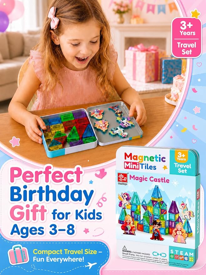 45PCS Mini Magnetic Tiles for Kids Ages 3-8, Travel Magnetic Building Blocks Set with 5 Fairytale Figures, STEM Toys for Girls Boys, Portable Tin Case, Princess Unicorn Magic Castle