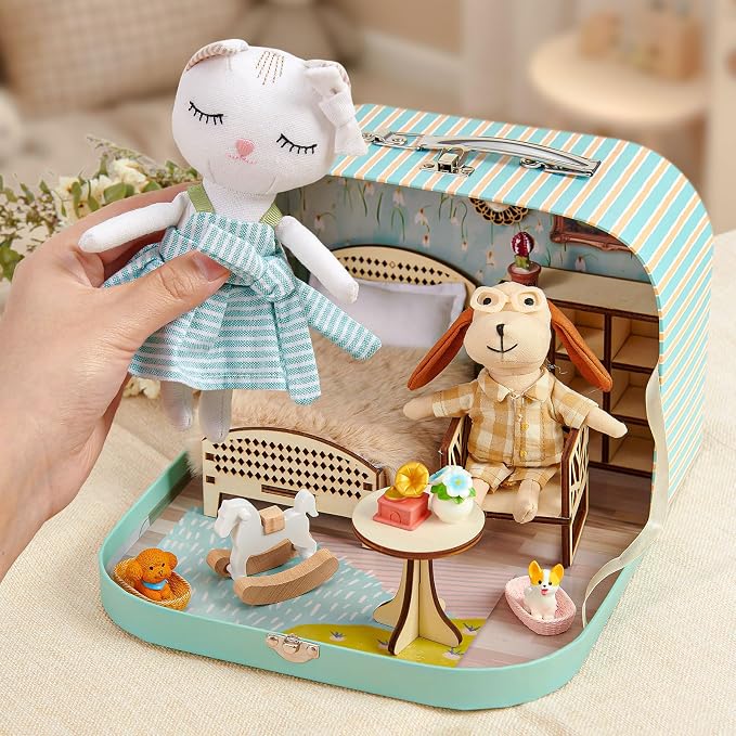 TUZT Portable Dollhouse Suitcase for Ages 3-8, Foldable Bedroom Playset with 21 Wooden Furniture, Cute Animal Dolls & Accessories, Travel-Friendly Pretend Play Toy