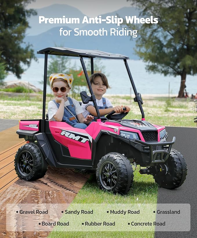 ELEMARA 24V Ride on Toy for Big Kid,Ride on Car 2 Seater w/Sun Shade,Dump Bed & Shovel,4.5MPH,4WD Electric Car for Kids,Battery Car w/Remote,Kids Ride on Truck,3 Speeds,LED Lights,Bluetooth, Hot Pink