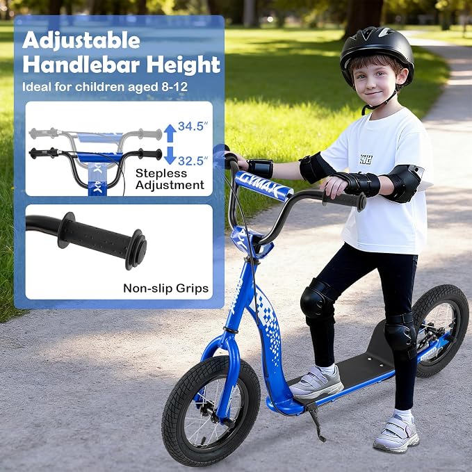 GYMAX Scooter, Kick Scooter for Adults, Teens, Kids with Adjustable Handlebar, 12” Inflatable Wheels, Front Caliper Brake & Non-Slip Deck, Heavy Duty Off-Road Scooter