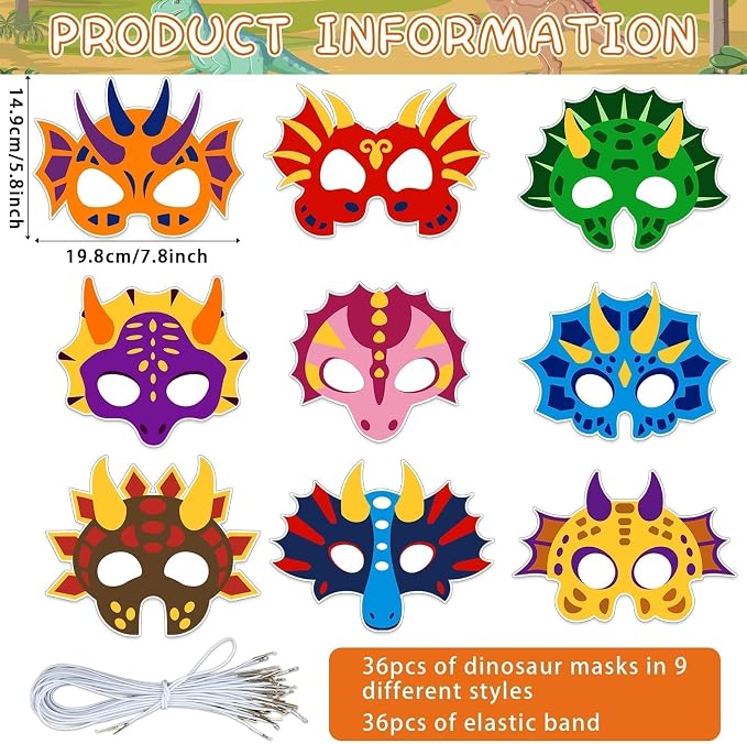 Lonfliness 36 Set Dinosaur Coloring Mask Dino Paper Arts Crafts Color Your Own Dinosaur Blank DIY Mask Masquerade Birthday Party Dress-Up Decorations Favor Activity Game Supplies