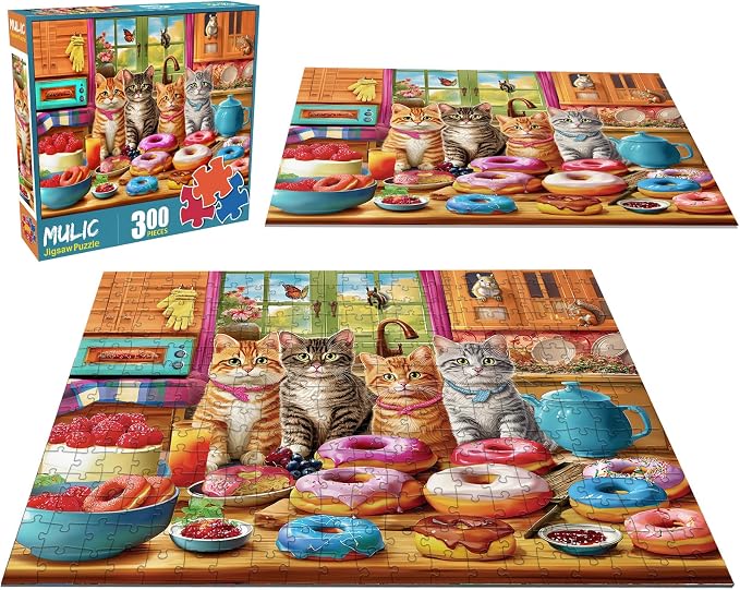 300 Piece Puzzles for Kids Boys Girls Ages 6-8 8-10 10-12 - Jigsaw Puzzles for Adults - Kitchen Kittens and Donuts