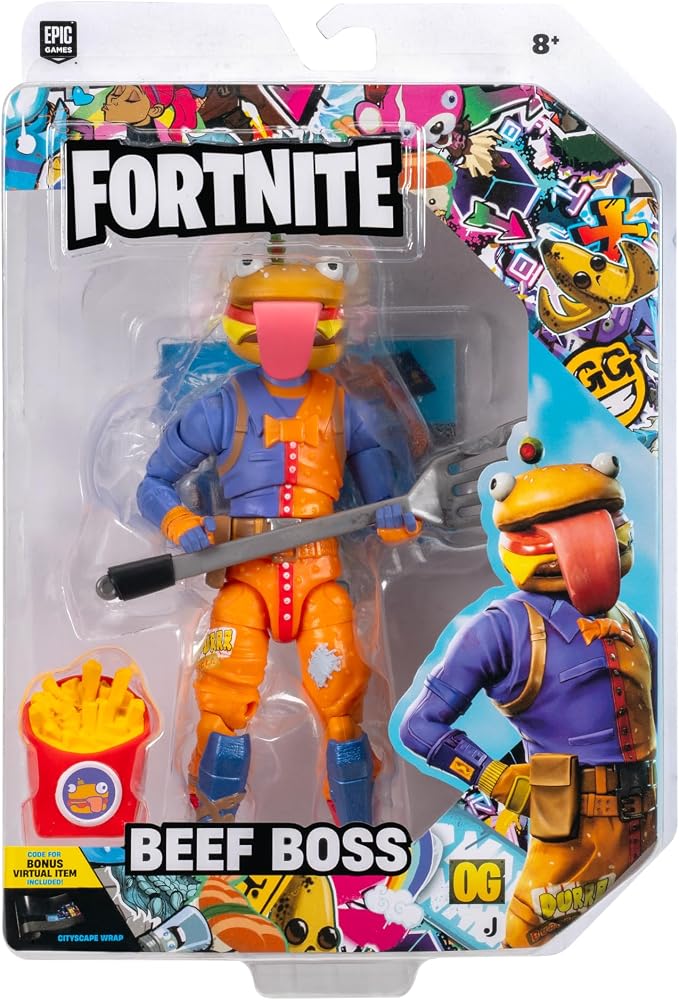 Fortnite Legendary Beef Boss - 6-inch Articulated Figure with Harvesting Tool, Back Bling, and Code for Bonus Virtual Item