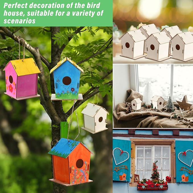 DoubleFill 120 Pcs 4.33" Wooden Bird Houses Crafts Kit for Kids DIY Unfinished Hanging Birdhouse for Art Painting Wood Toys Boy Girl Class Back to School Classroom Project Parties Creative Activity