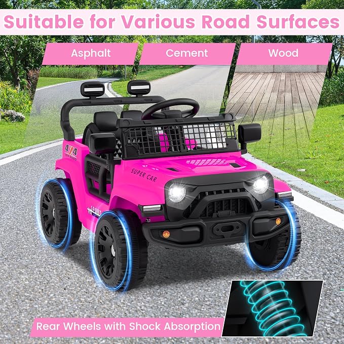 OLAKIDS 12V Ride On Truck, Battery Powered Electric Vehicle for Kids with Remote Control, Foldable Reflective Mirror, Spring Suspension, Music, LED Lights, Ride on Toy for 3+ Boys Girls (Pink)