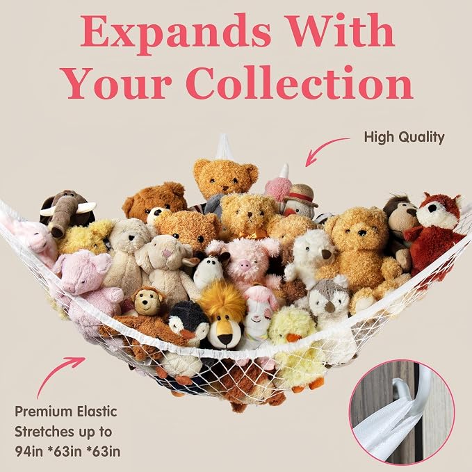Stuffed Animal Storage Hammock Net Corner - Large Toy Hammock Net for Stuffed Animals Room Decor - Cute Stuff Animal Organizer Holder for Plush Plushie - Kids Baby Nursery Wall Bedroom Home Decor