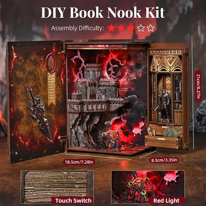 CCCDF Magic Book Nook Kit, DIY Miniature Dollhouse, 3D Wooden Puzzle Booknook Kit Bookend Bookshelf with LED Light for Adults Teens (Sword of Fire)