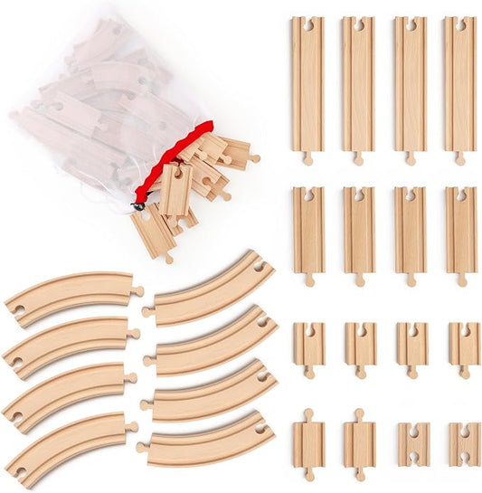 Wooden Train Tracks 24 Pieces Set, Track Expansion Pack with Storage Bag - Includes Male/Female Adapters - 100% Compatible with All Major Brands Including Thomas, Brio, Melissa & Doug