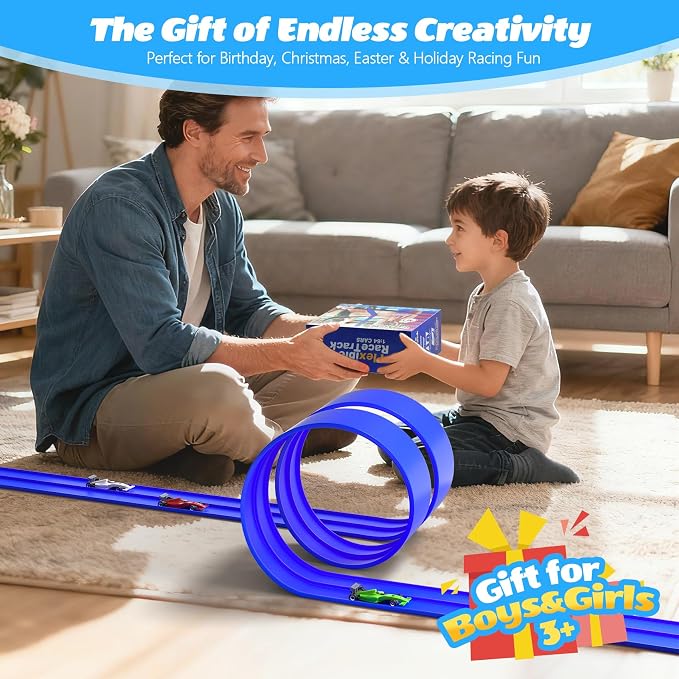 16FT Flexible Race Track with 4 Cars - DIY Car Ramp Track for Jumps, Loops, Ramps - Portable Roll-Up Dual Racetrack for Indoor Outdoor Play, Ages 3+ (Blue)