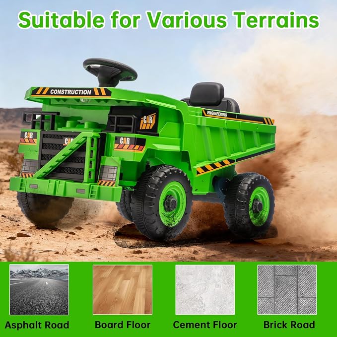 12V Ride On Dump Truck Kids Ride On Car for Kids, Battery Powered Electric Car with Remote Control, Electric Dump Bed, Wear-Resistant Tires, 4 Wheels Tractor Ride On Toys, Green