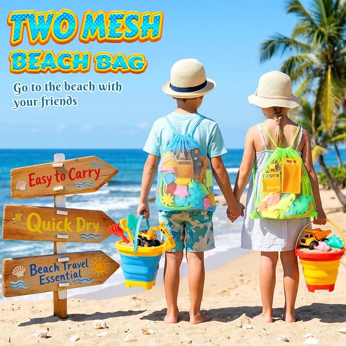 Beach Toys for Kids 35PCS Sand Toys with 3 Collapsible Bucket,3 Dump Truck,Beach Shovel,Sand Castle Building Kit,Ocean Molds,Dinosaur Sand Molds, 2 Mesh Bag,Toddler Beach Essentials for Kids 3-10