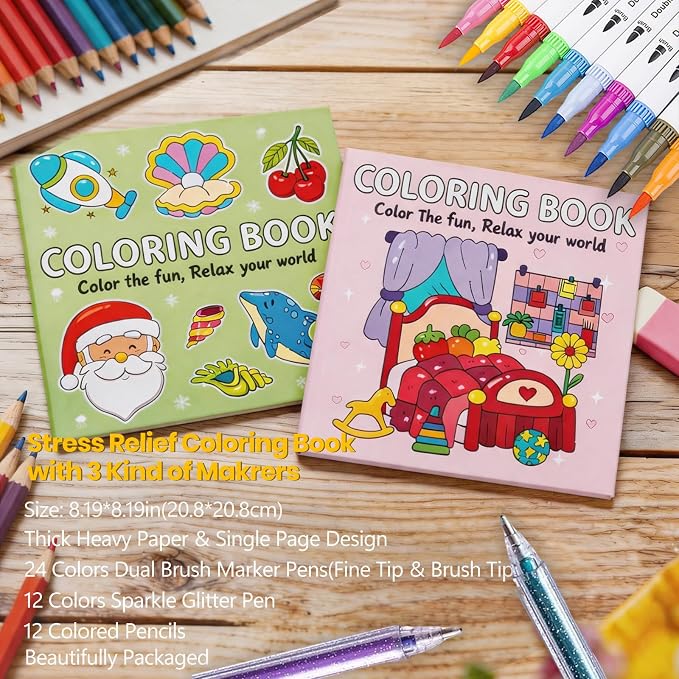 Cute Coloring Book Set for Teens Adults Relaxation, Easy and Simple Designs Coloring Book for Teens Girls, Stress Relief Gifts for Women with 24 colors Markers & 12 Glitter Pens & 12 Colored Pencils