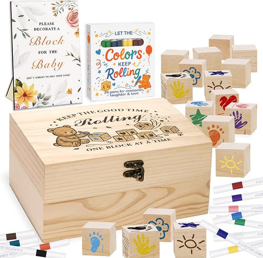 78 PCS Shower Games Sign Kit for Boys Girls, Wooden Box and Sign, Blank Wooden Blocks for DIY Drawing, Markers, Shower Game for Gender Reveal Activity, Shower Ideas Decorations, Bear B
