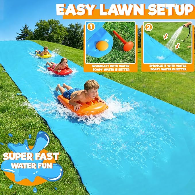 40 FT X 7FT Extra Long n Width Slip Water Slide, Heavy Duty Lawn Water Slides and 3 Bodyboards 6 Stakes, Summer Outdoor Water Toys for Kids Teens and Adults Backyard Beach Swimming Pool Party