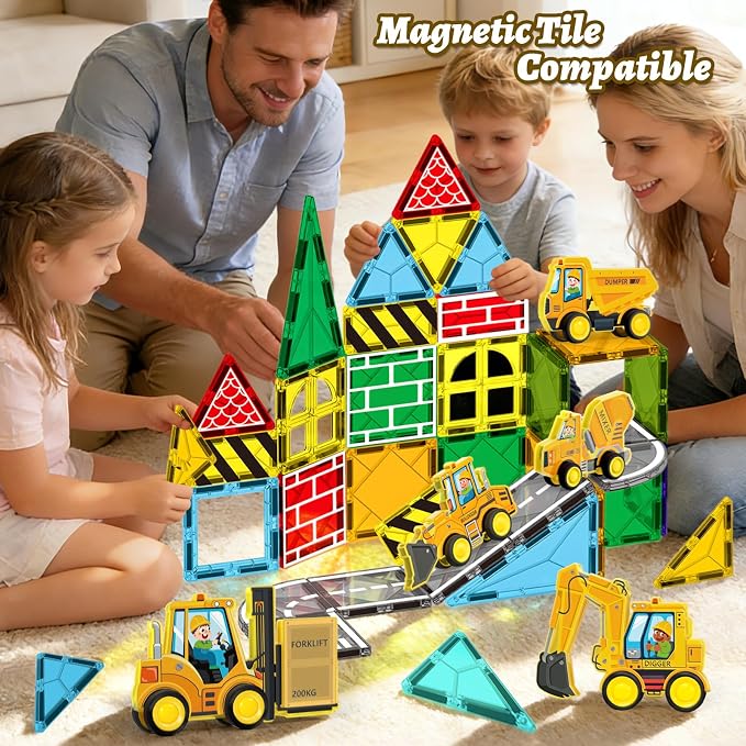 3D Construction Vehicle Toys for Kids Magnetic Tiles & Blocks, 5pcs Preschool STEM Educational Learning Toys Inc Excavator Bulldozer Forklift Dump Truck Digger Compat Magnet Tiles