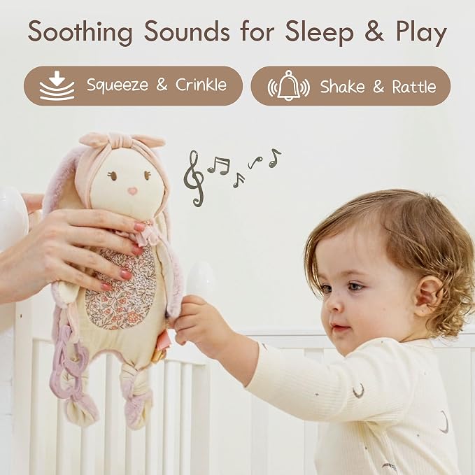 Moonkie Baby Lovey with Silicone Teether, Bunny Security Blanket with Textured Ribbons, Crinkle Toys, Soft Minky Velour & Natural Cotton, Newborn Girl Gift for Baby Shower or Birthday