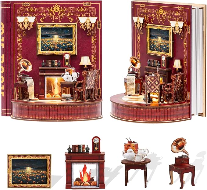 DIY Miniature House Kit,Tiny House Corner Kit Book Nook Kit for Adults,Wooden Puzzle with LED, Halloween/Christmas/Birthday Gifts for Family/Friends,Book Theater