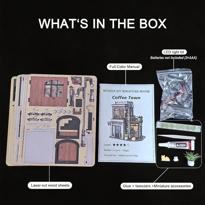 DIY Coffee Shop Book Nook Kit for Adults with LED Lights | 3D wooden puzzle, miniature dollhouse bookshelf insert and desk decor, creative craft gift for birthdays and Christmas.
