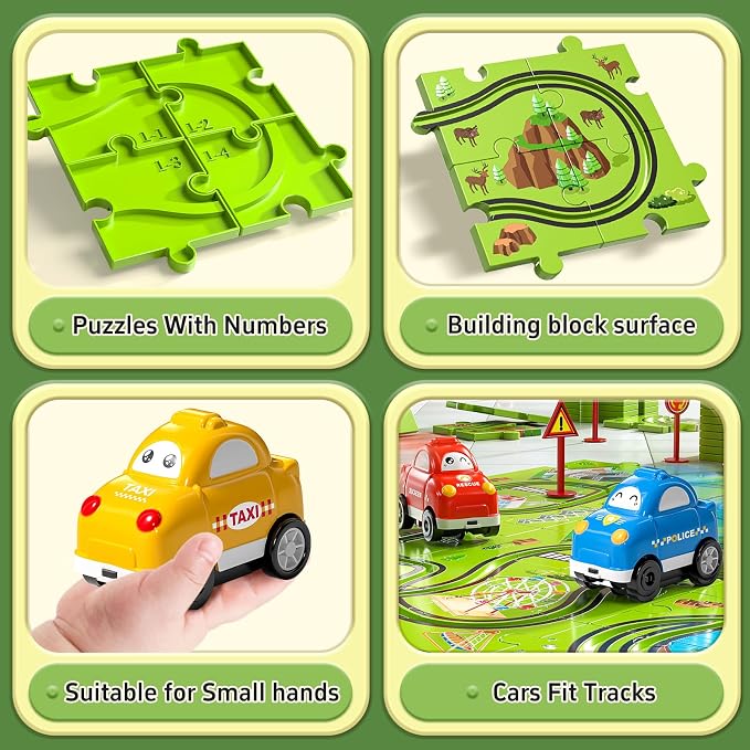 JUKUDAHU 64 Pieces Puzzle Race Track Car Set Toys for 3 4 5 6 Year Old Boys - Puzzle Tracks Car Toys for Kids Ages 3-5 with 3 Sliding Toy Cars, City-Themed, Birthday Gifts for Toddlers 1-3 2-4 4-6