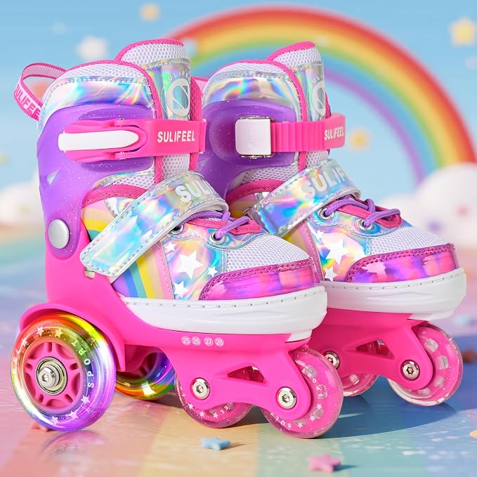 SULIFEEL Rainbow Unicorn 4 Size Adjustable Roller Skates for Girls Boys for Kids Ages 3-5 5-8 6-12 Children Skates Indoor Outdoor